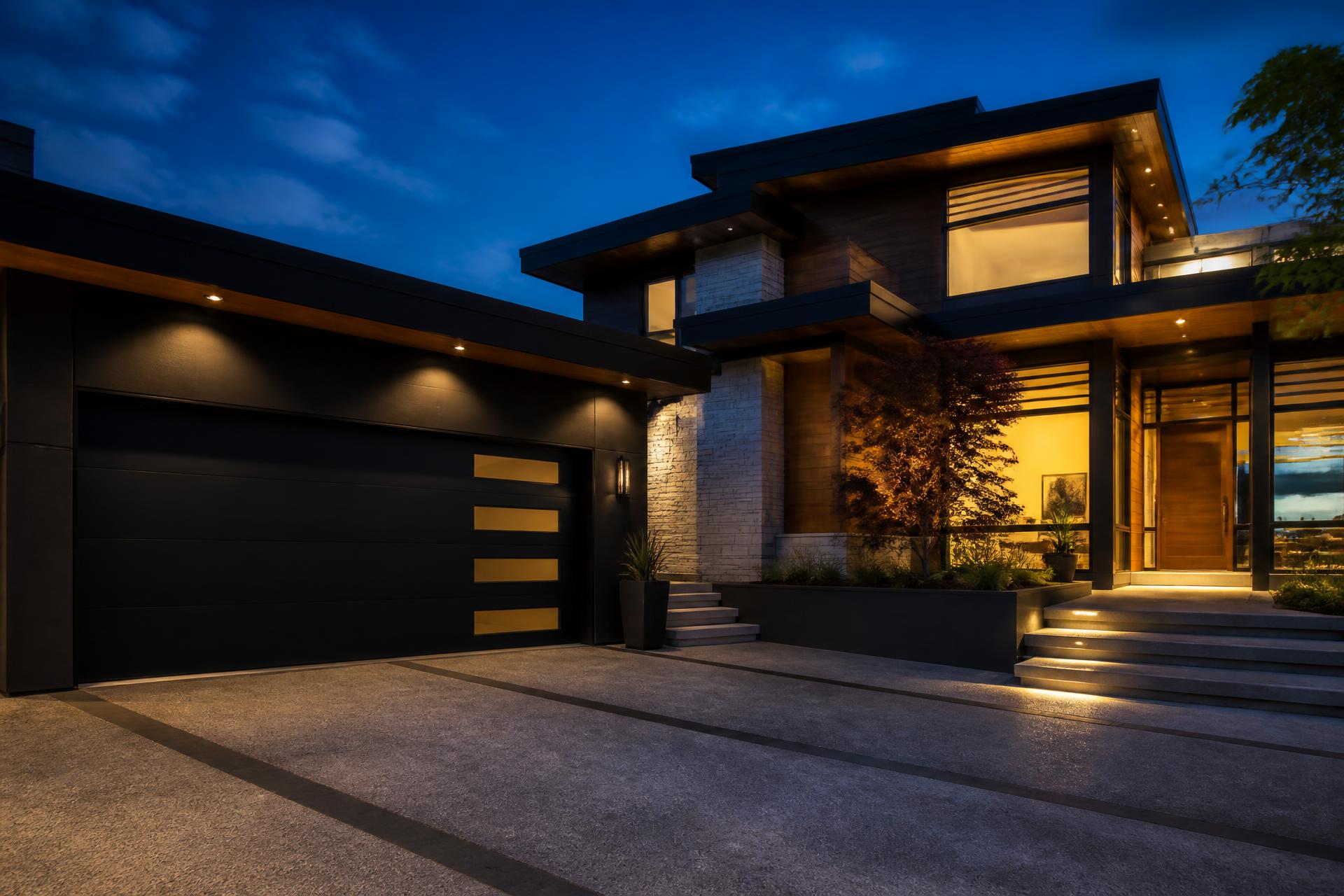 Contemporary home exterior with modern black garage door at dusk
