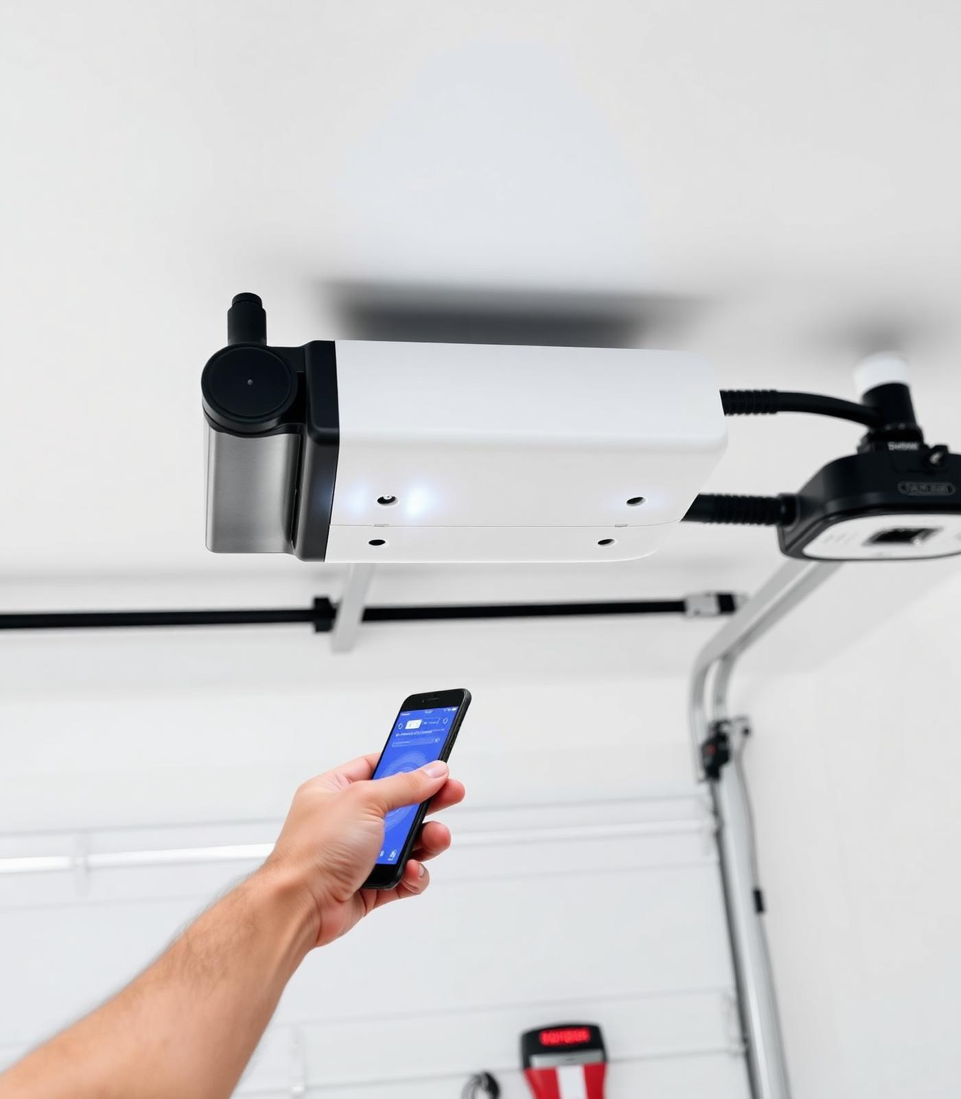Hand holding a phone controlling a smart garage opener overhead