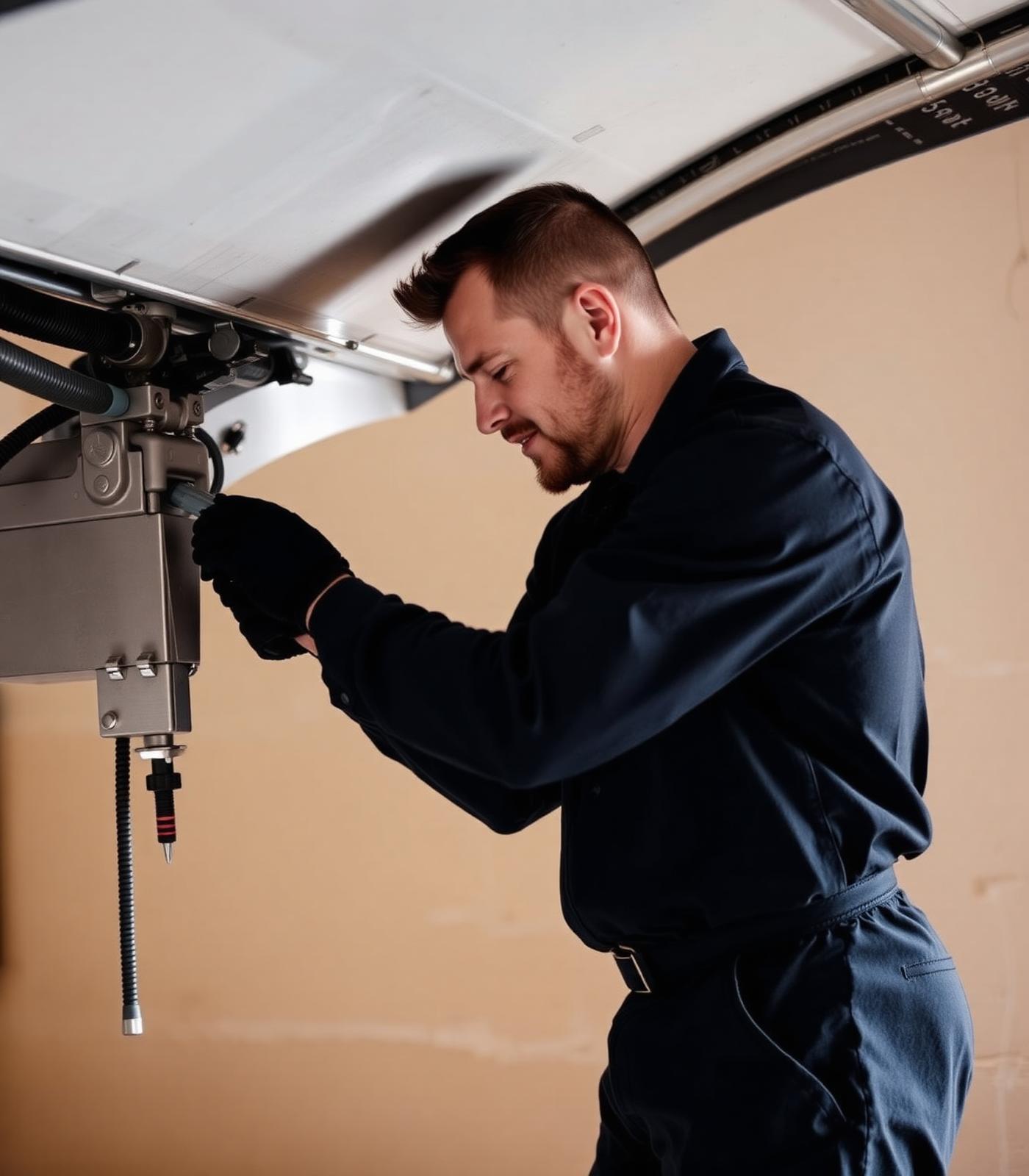 Technician inspecting a garage door opener from below